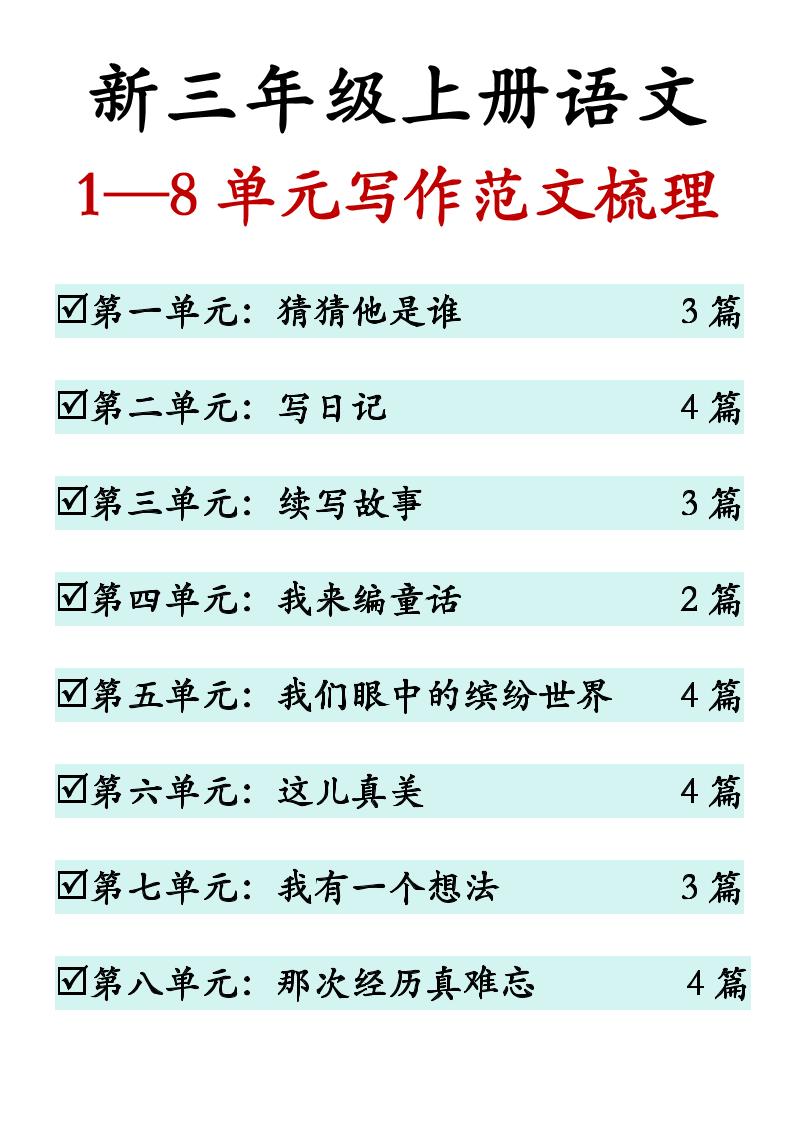 新三上语文1-8单元同步作文范文（27页）-柒染云阁