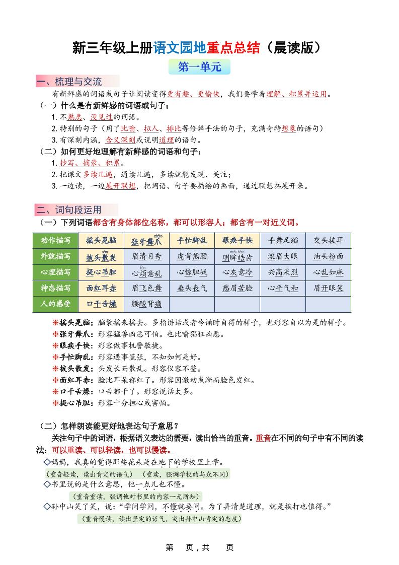 新三上语文1-8单元语文园地重点总结（晨读晚练）20页-柒染云阁