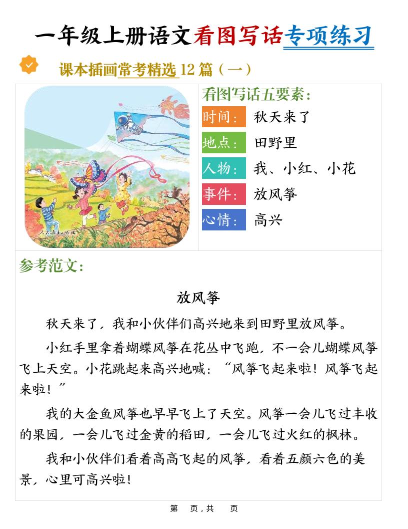 新一上语文看图写话专项练习常考精选12篇（含范文24页）-柒染云阁