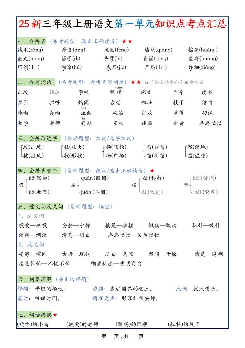 25新三上语文1-8单元知识点考点汇总（24页）-柒染云阁
