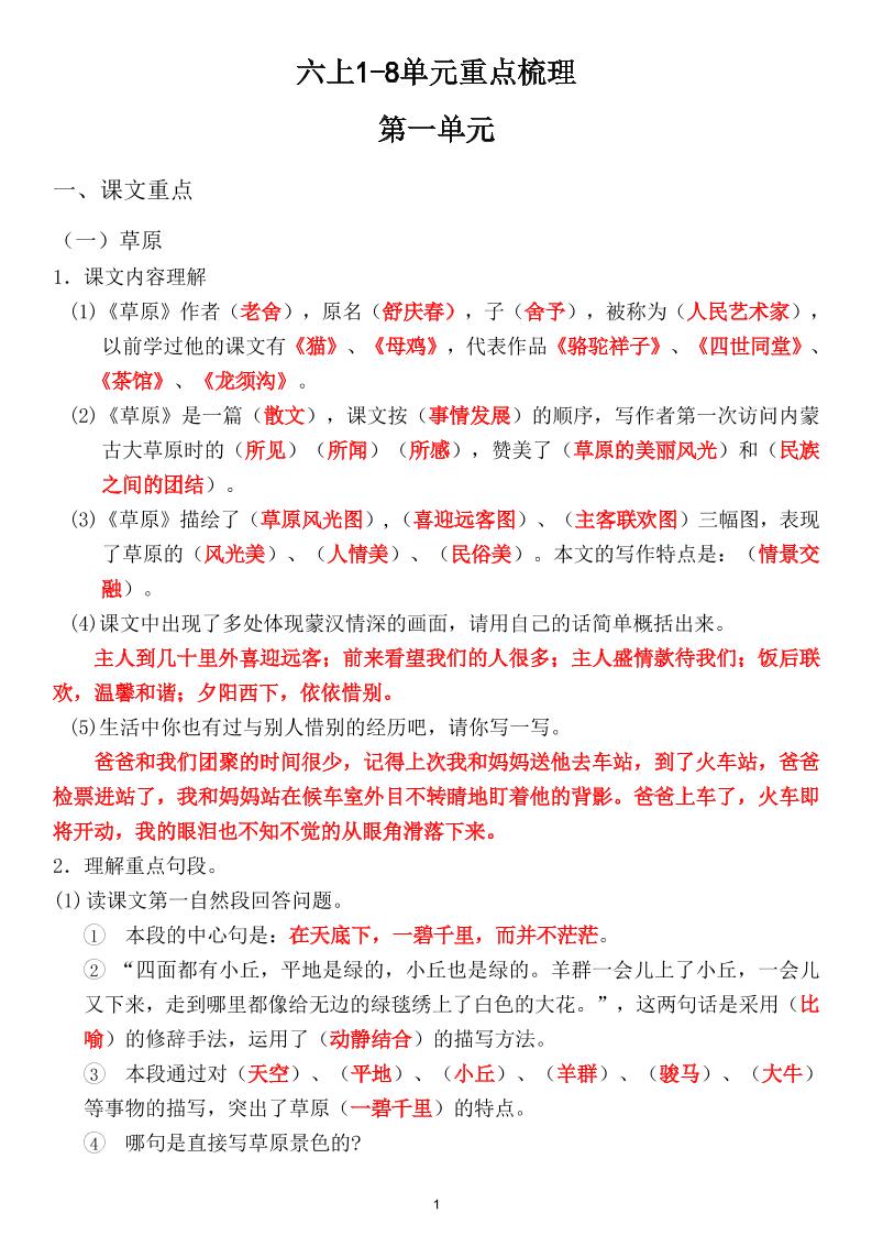 六上1-8单元重点梳理（课文重点+语文园地）-柒染云阁