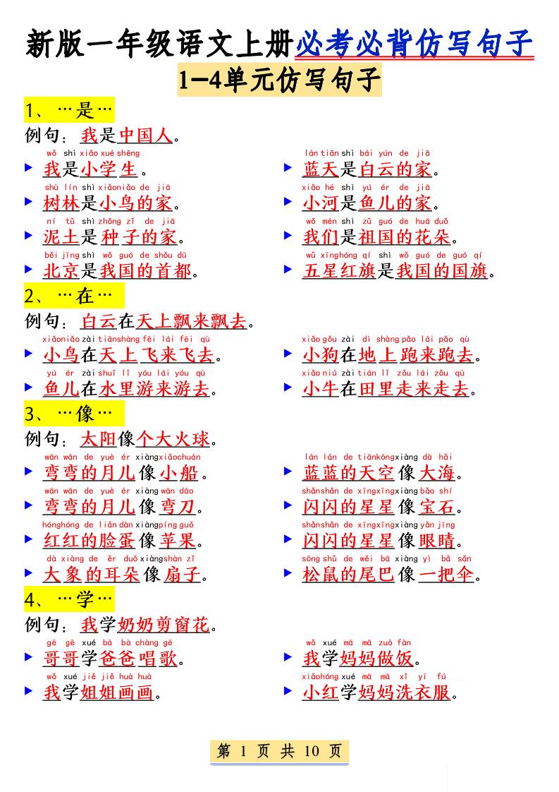 新一上语文必考必背仿写句子(含仿写练习10页)-柒染云阁