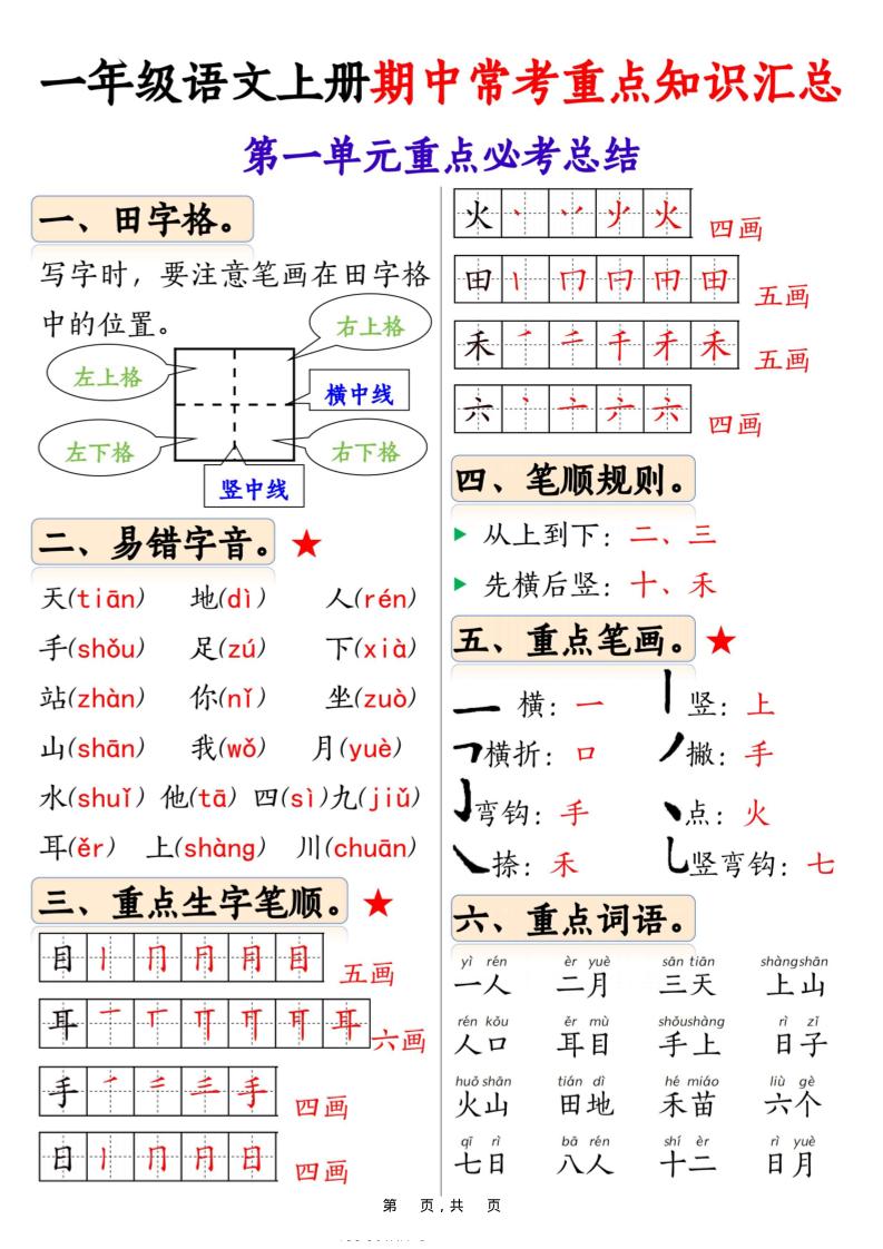新一上语文1-4单元期中常考重点知识汇总8页-柒染云阁