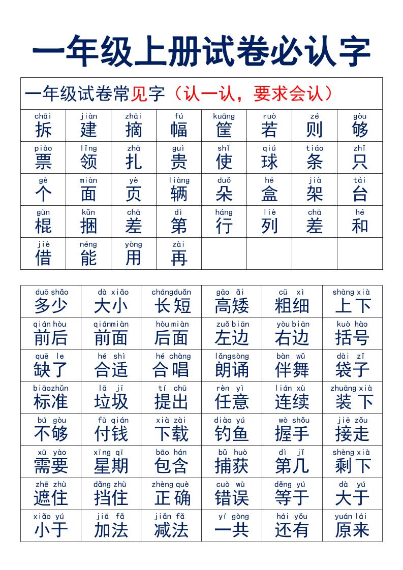 一年级上语文试卷必认字-柒染云阁