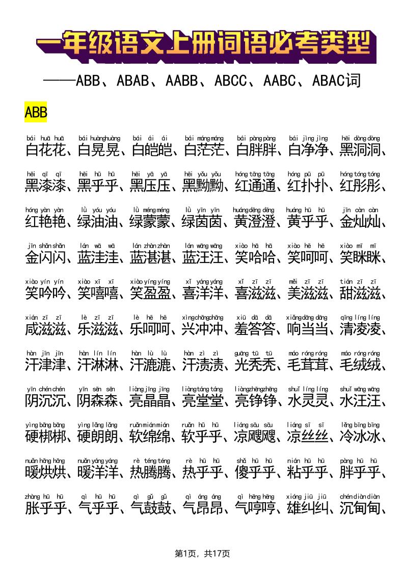 新一上语文词语必考类型(ABB、ABAB、AABB、ABCC、AABC、ABAC、ABCB类词语)17页-柒染云阁