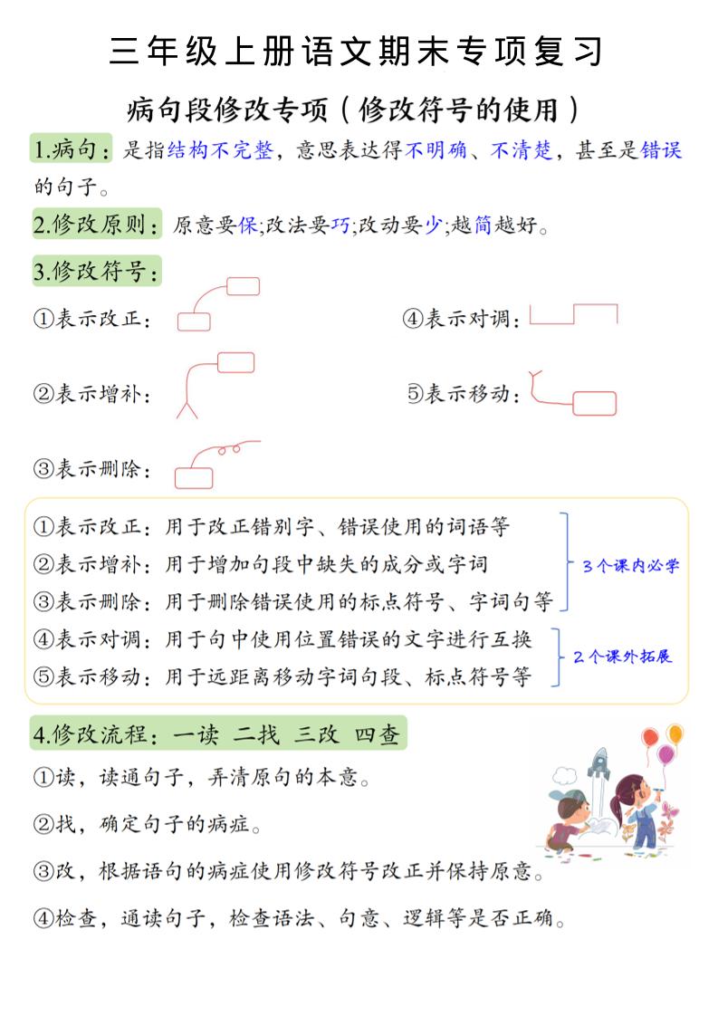 三上语文必考重点病句段修改符号方法及练习-柒染云阁