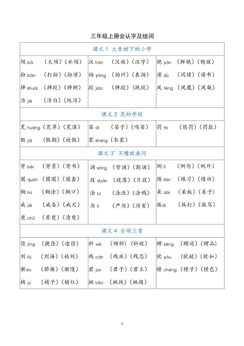 三上语文-识字表注音组词-柒染云阁