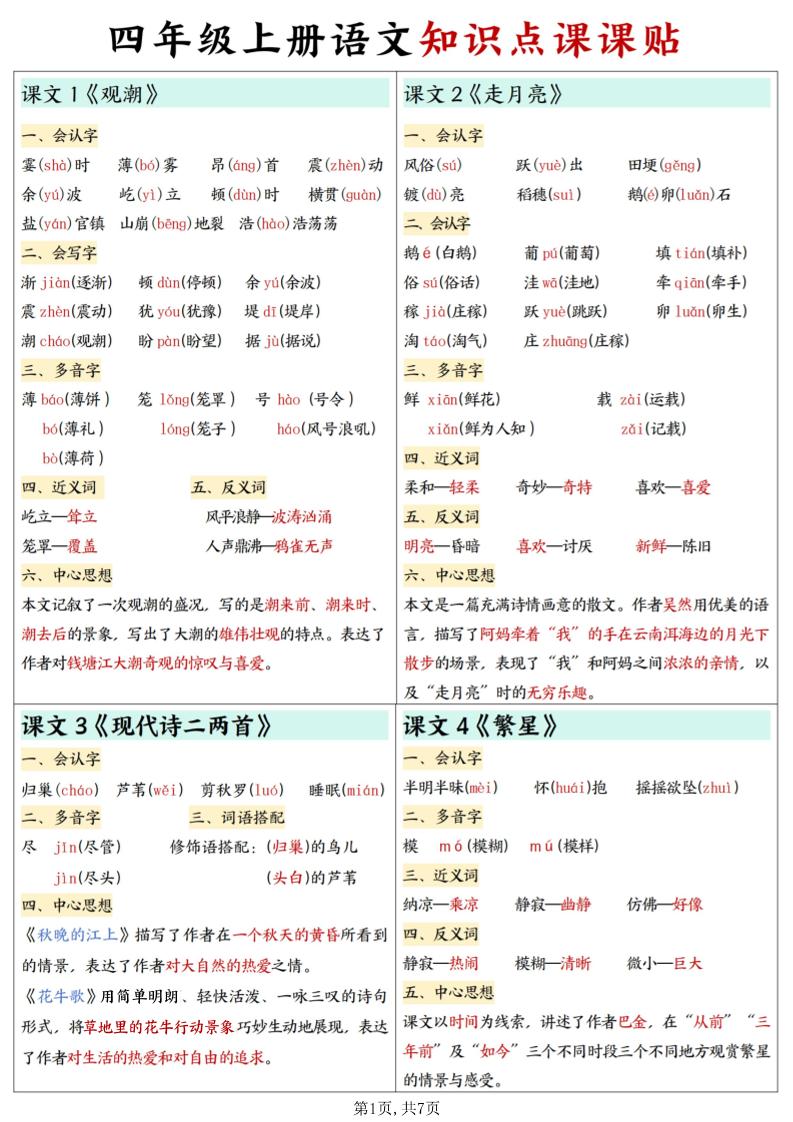 四上语文知识点课课贴7页-柒染云阁