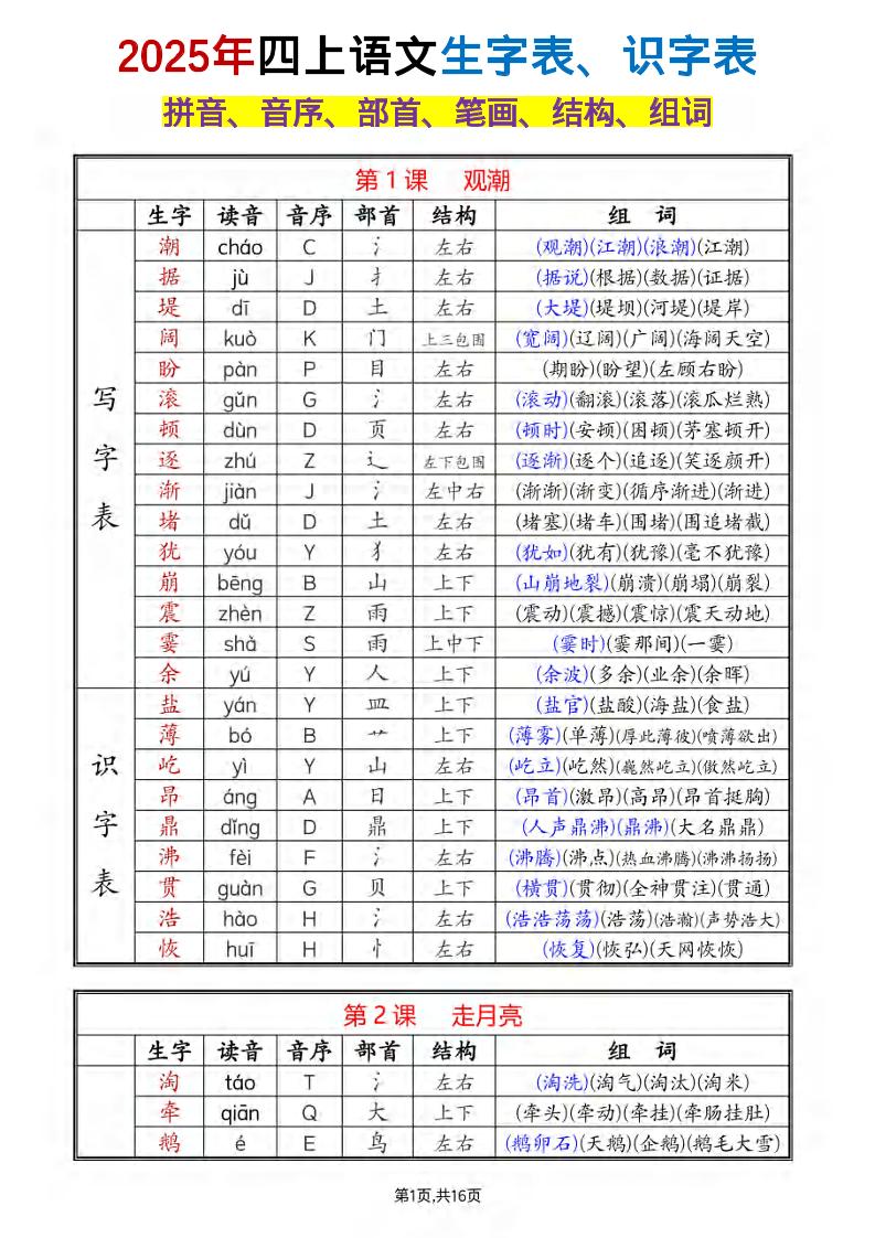 四年级上册语文《生字组词课课贴》（25秋）-柒染云阁