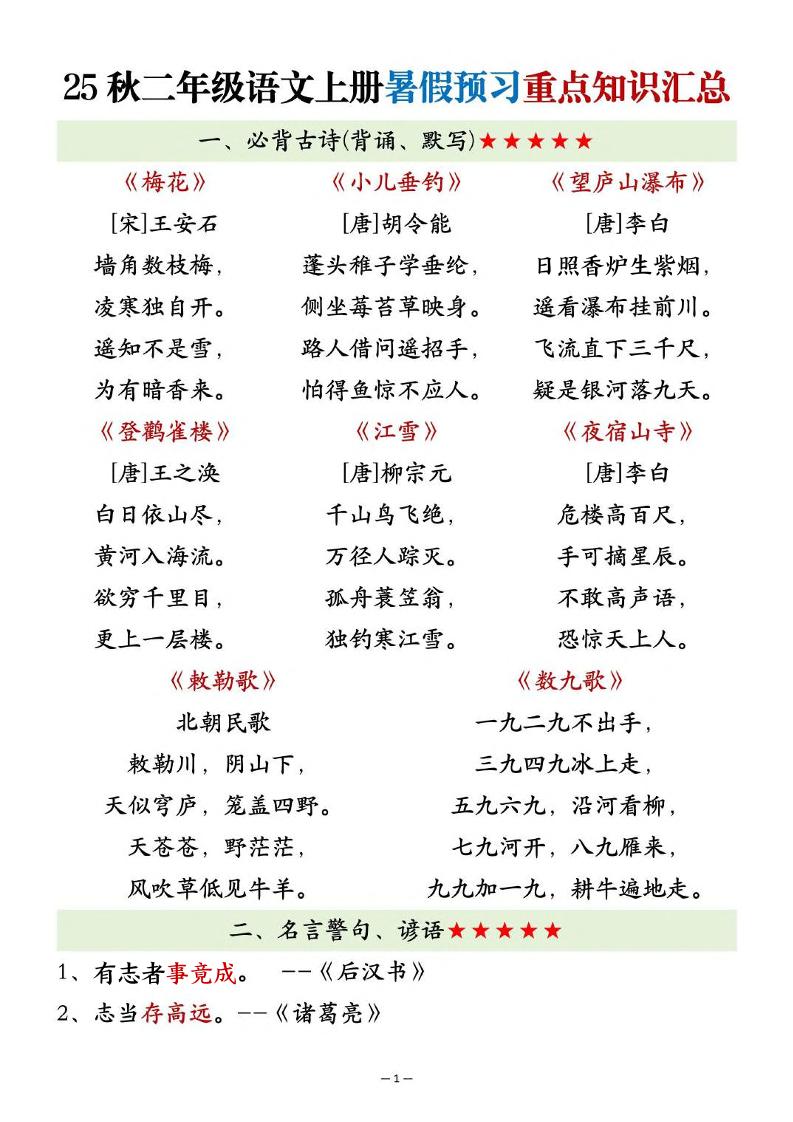 25秋二上语文暑假预习重点知识汇总20页-柒染云阁