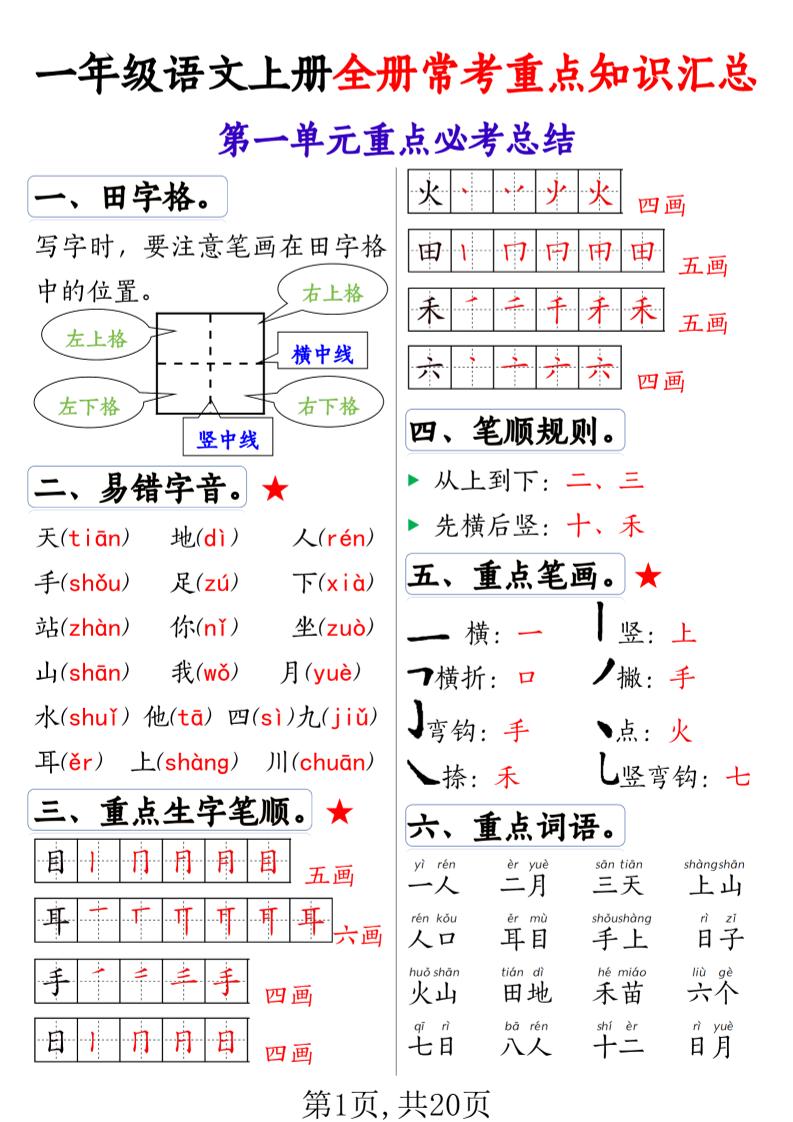 一上语文全册1-8单元常考重点知识汇总20页-柒染云阁
