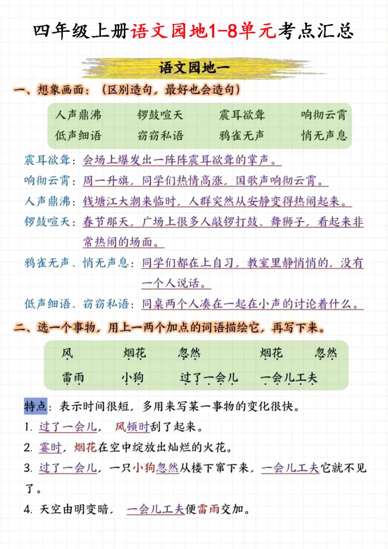 四上语文园地1-8单元考点汇总（15页）-柒染云阁