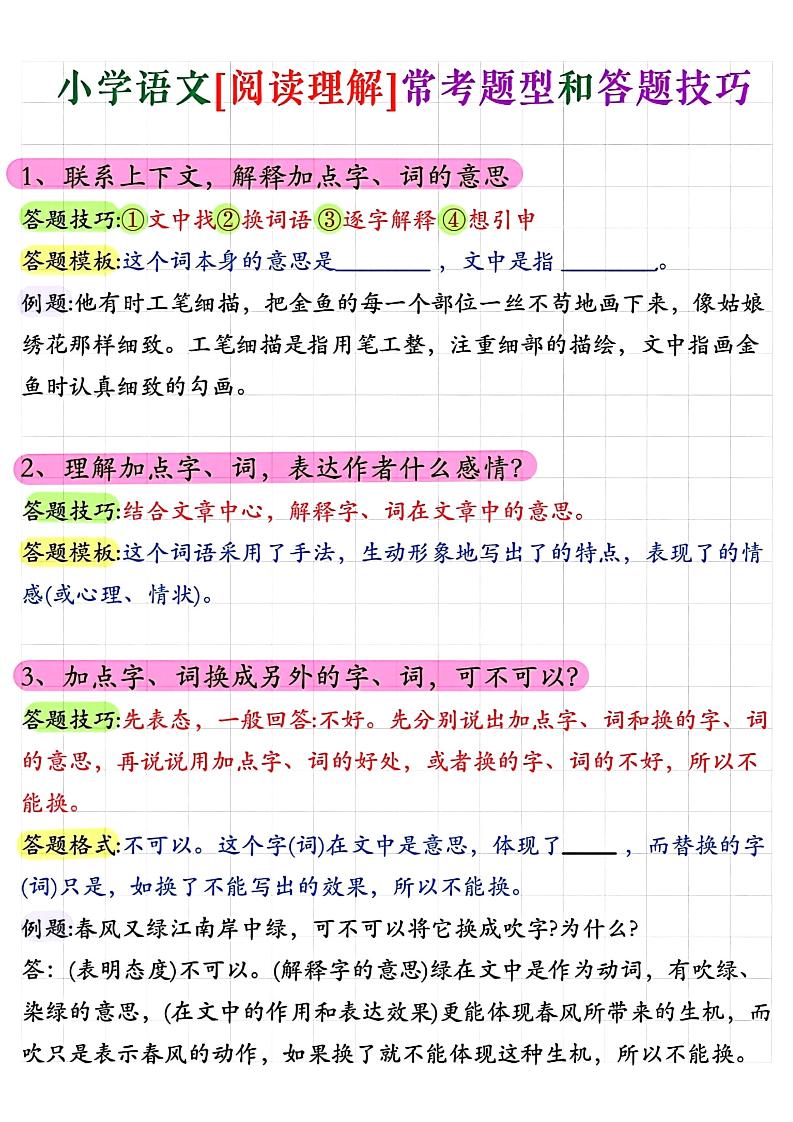 小学阅读理解常考题型答题技巧-小升初语文-柒染云阁