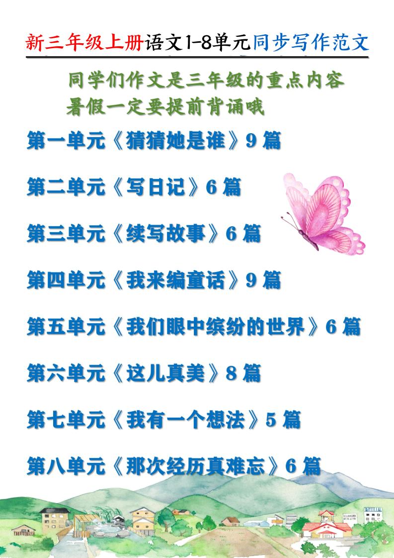 新三上语文1-8单元同步写作范文55篇（56页）-柒染云阁