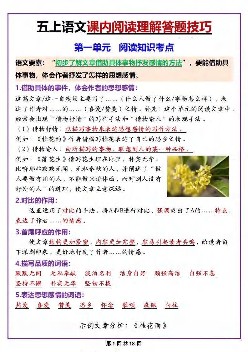 五年级上册语文课内阅读理解答题技巧-柒染云阁