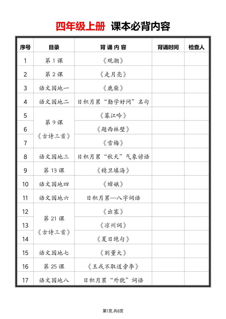 2025四上语文必背课文内容汇总-柒染云阁