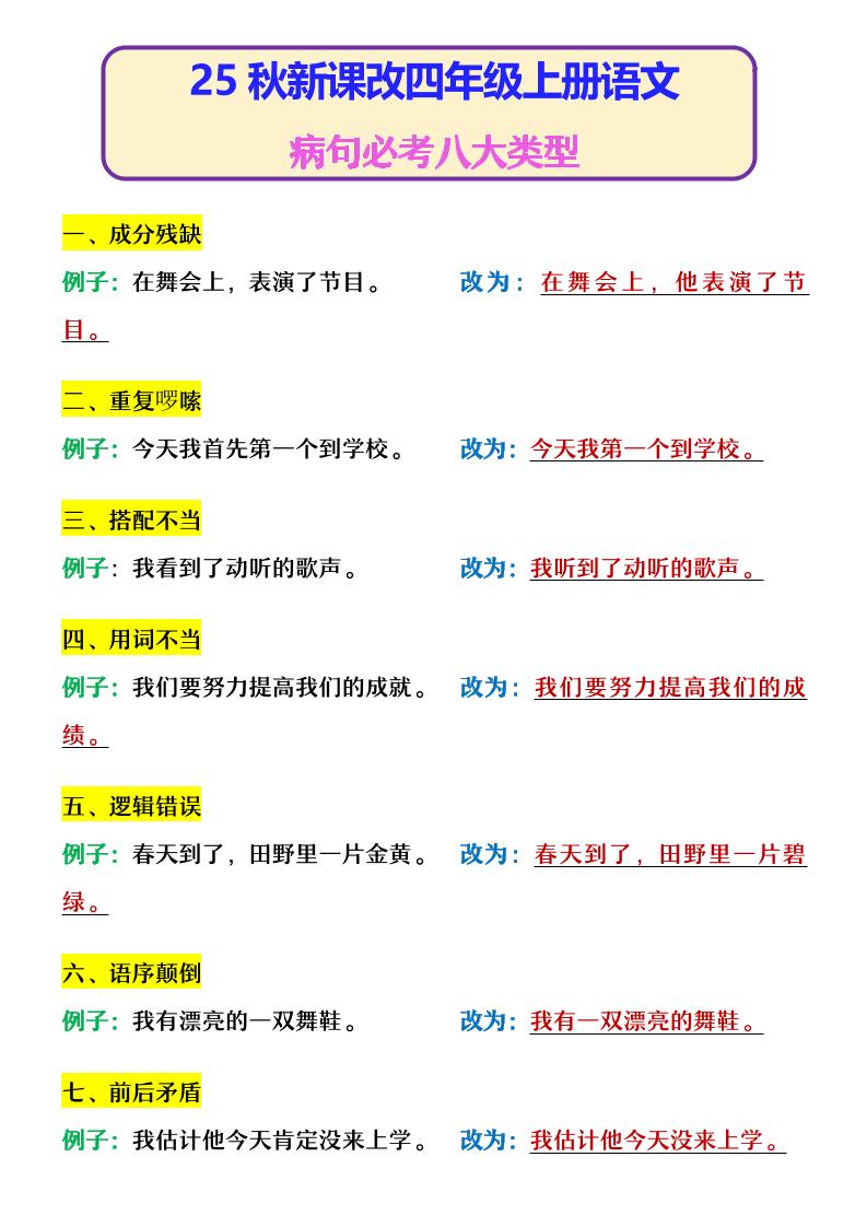 【2025秋新版】四年级上册语文病句必考八大类型-柒染云阁