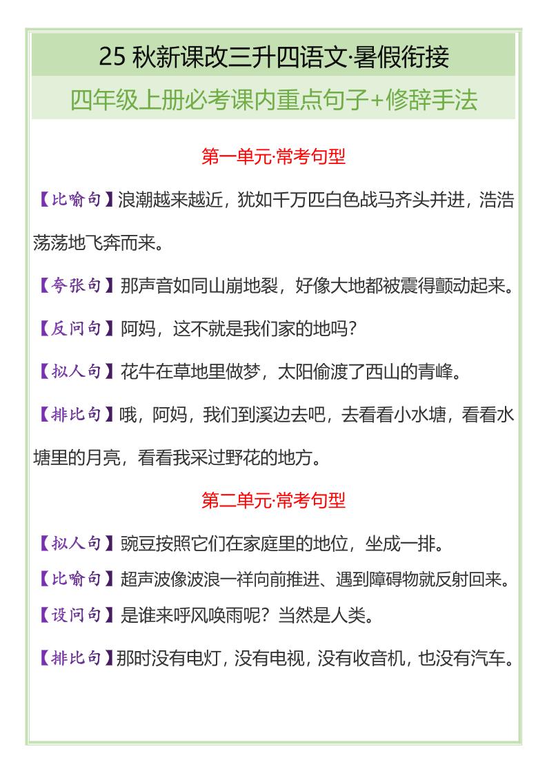 【2025秋新版】四年级上册语文必考课内重点句子+修辞手法-柒染云阁