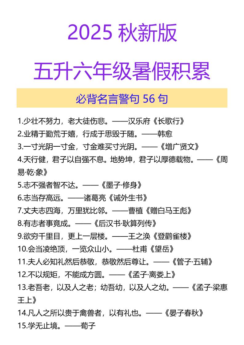 【2025秋新版】五升六年级暑假积累必背名言警句56句-六上语文-柒染云阁