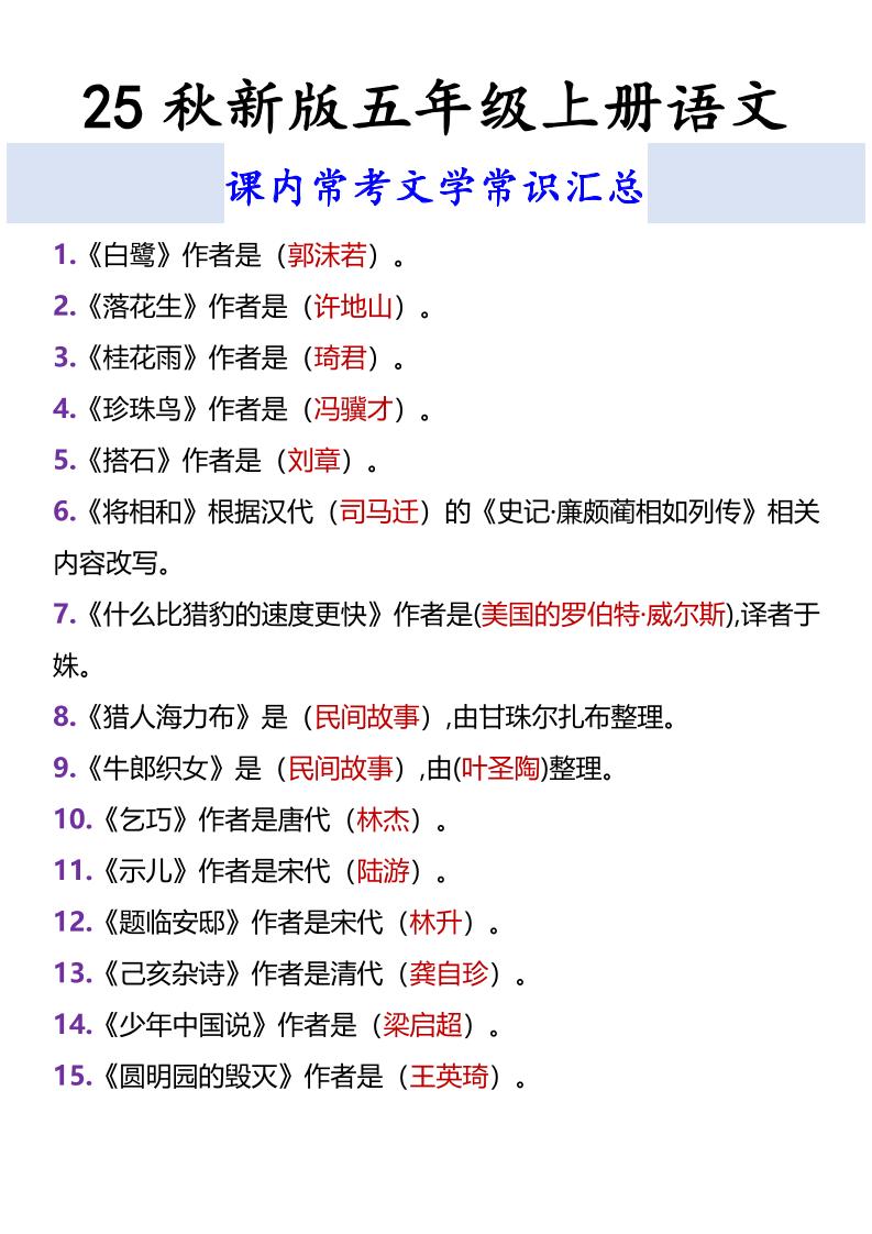 【2025秋新版】五年级上册语文课内常考文学常识汇总-柒染云阁