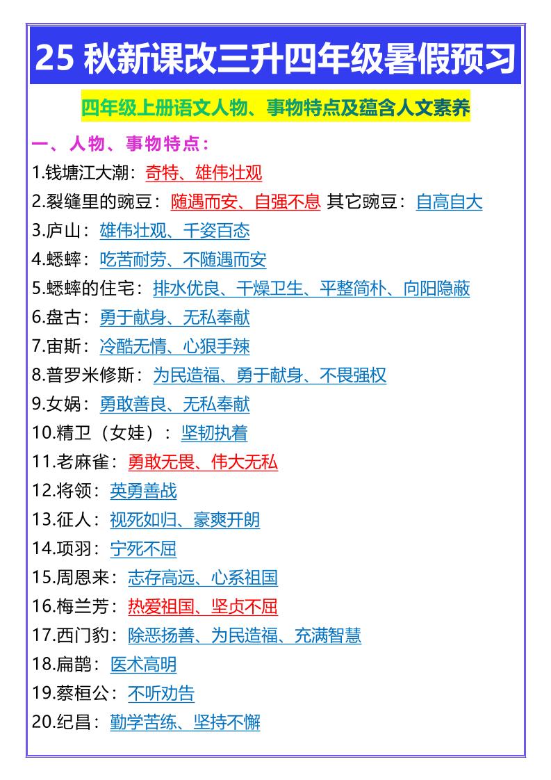 【2025秋新版】四年级上册语文人物、事物特点及蕴含人文素养-柒染云阁