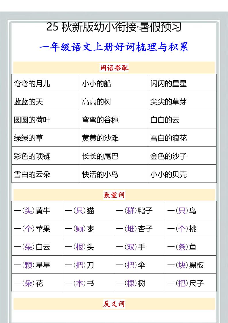 【2025秋新版】幼小衔接一年级语文上册好词梳理与积累-柒染云阁