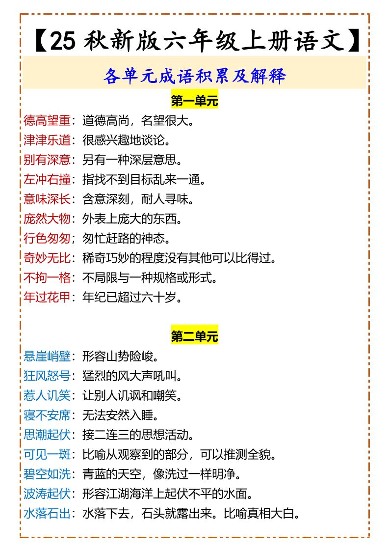 【2025秋新版】【六年级上册语文】各单元成语积累及解释-柒染云阁