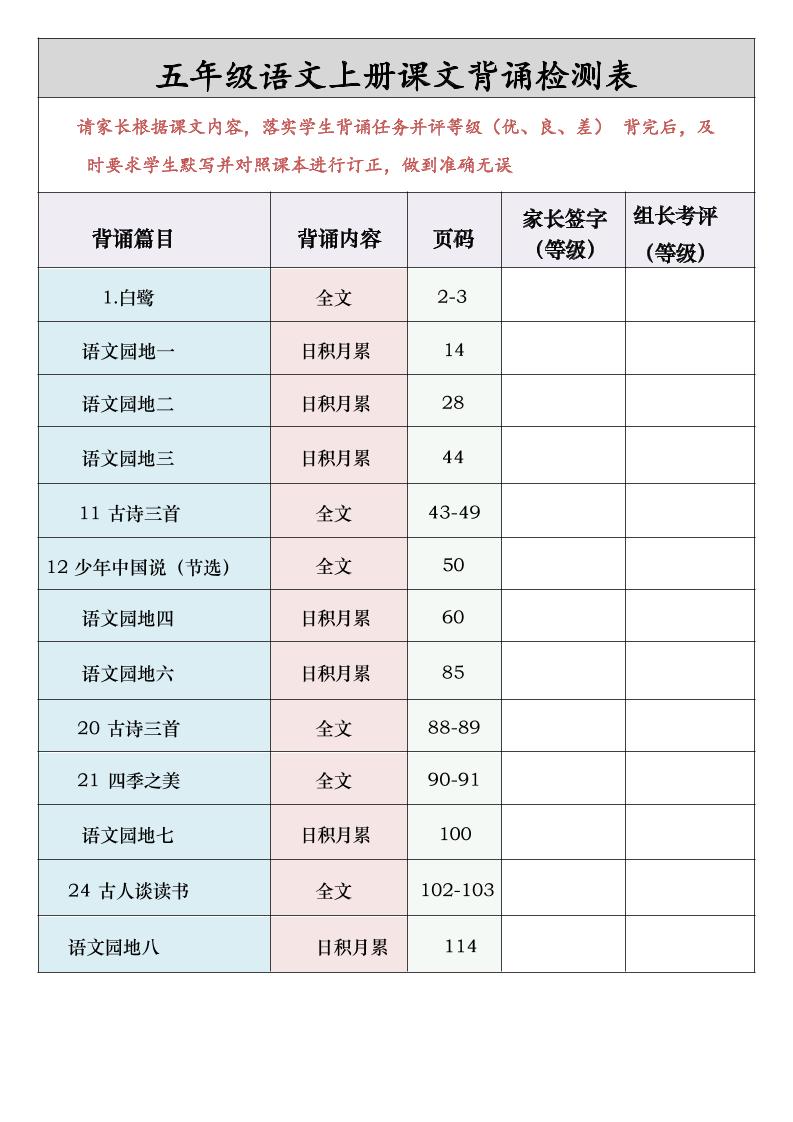 五年级语文上册课文背诵检测表-柒染云阁