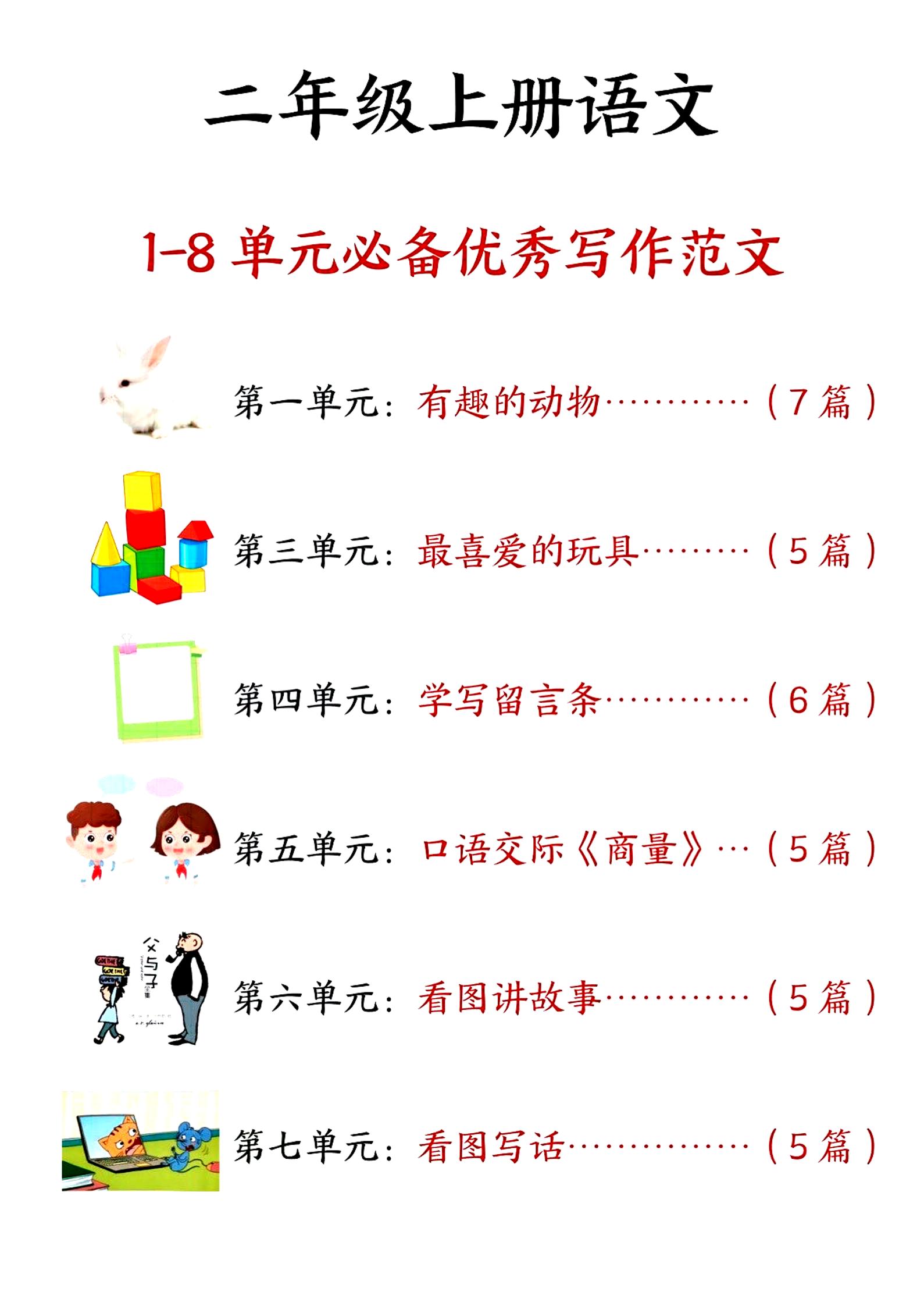 二上语文1-8单元必备优秀写作范文33篇（33页）-柒染云阁