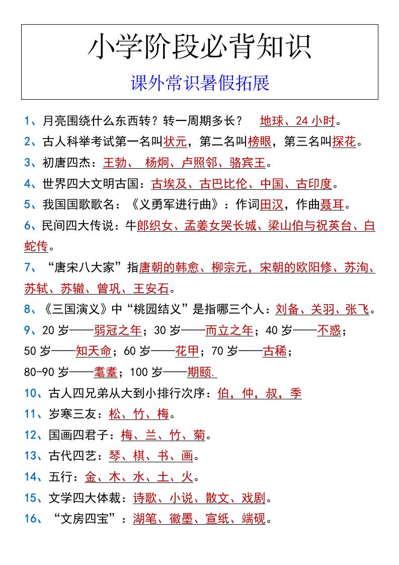 小学阶段必背知识课外常识暑假拓展-小升初语文-柒染云阁