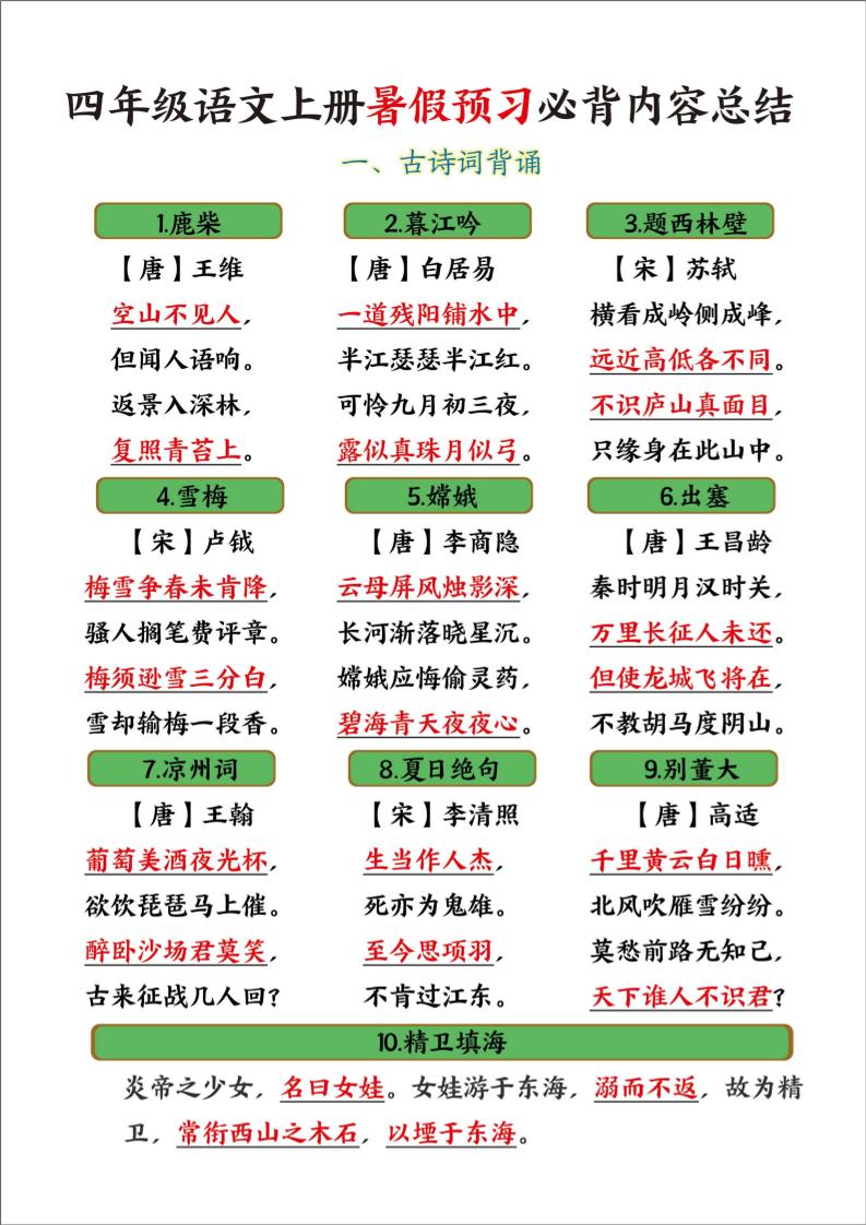 四年级语文上册暑假预习必背内容总结-柒染云阁