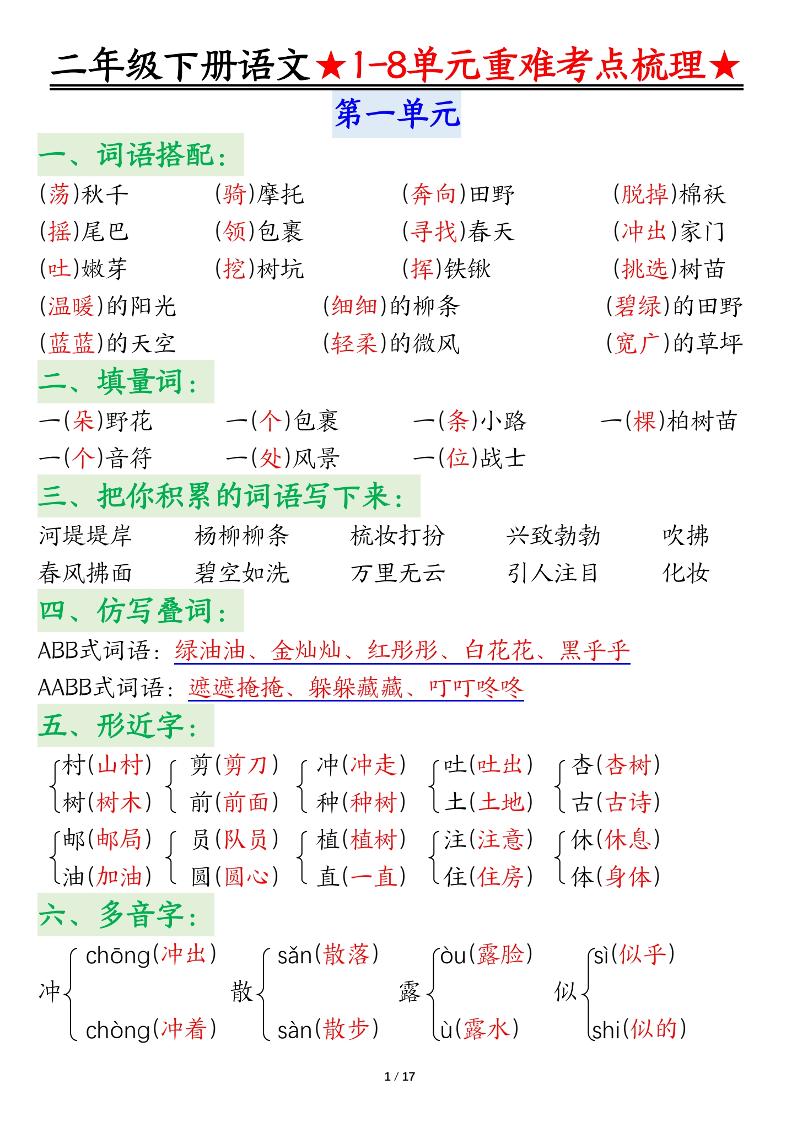 二下语文期末复习1-8单元重难考点梳理总结（17页）-柒染云阁