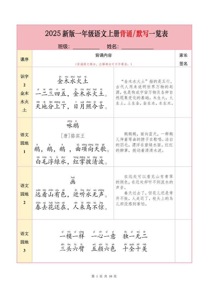 一上语文【25秋-必背内容+默写表】-柒染云阁