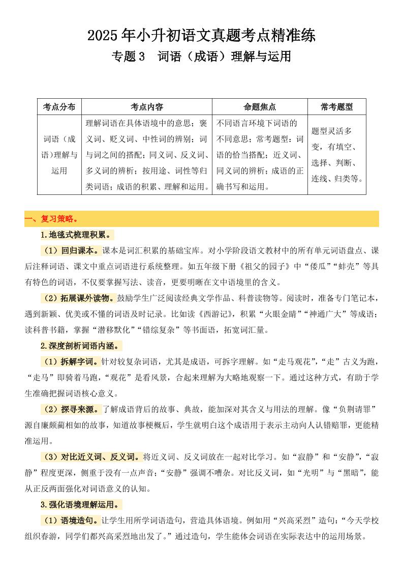 小升初语文备考真题分类汇编专题3词语（成语）理解与运用-柒染云阁