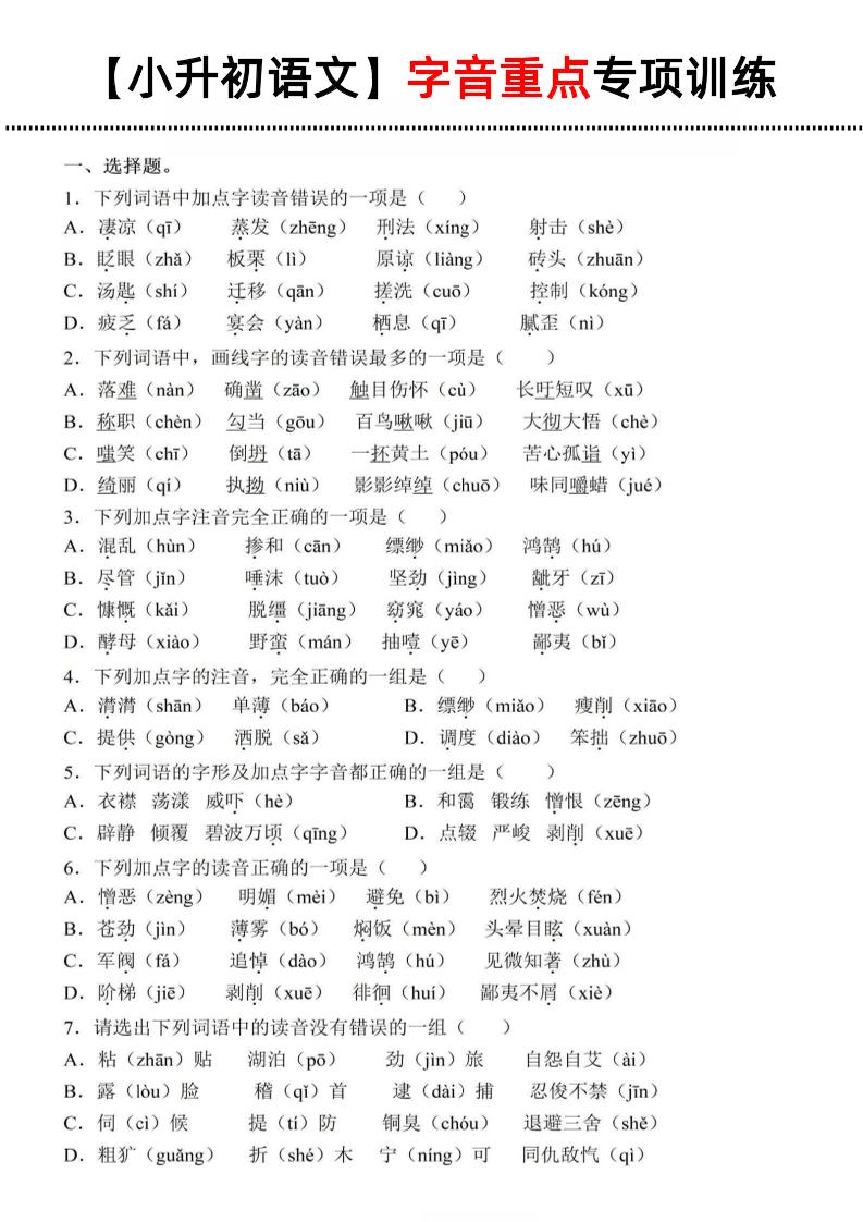 《小升初语文字音重点专项训练》-柒染云阁