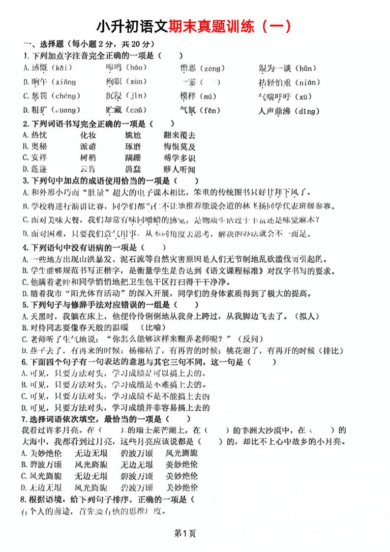 《小升初语文期末真题训练》-柒染云阁
