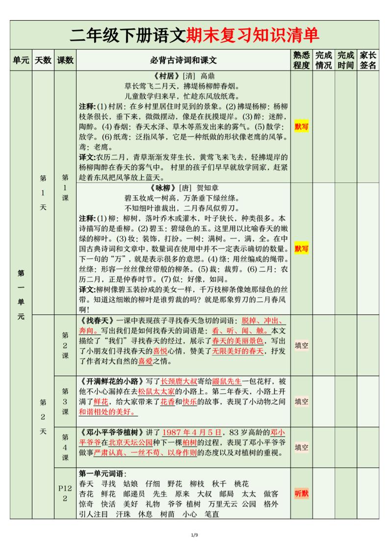 二年级下语文期末复习计划清单-柒染云阁