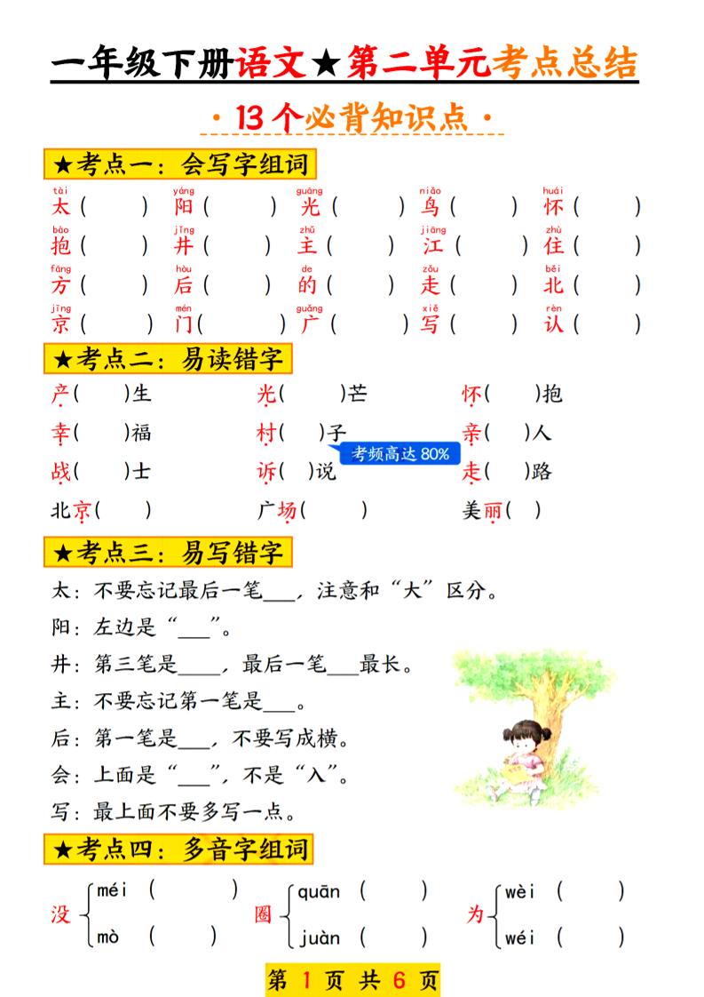 2025新版一年级语文下册第二单元考点总结13个必背-柒染云阁