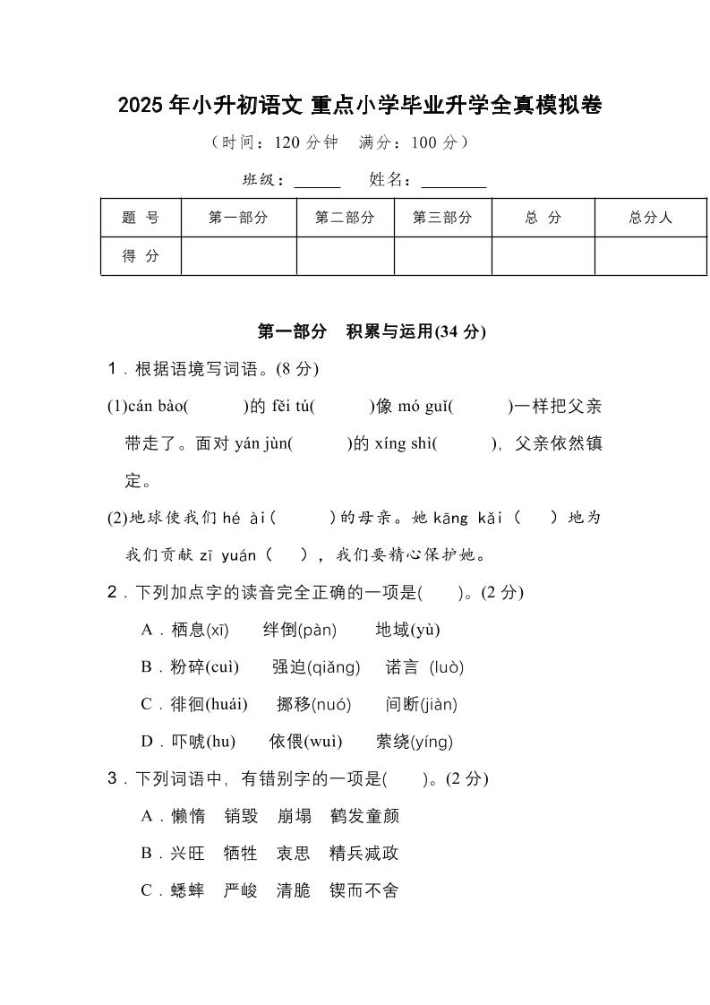 2025年小升初语文重点小学毕业升学全真模拟卷（一）13页-柒染云阁