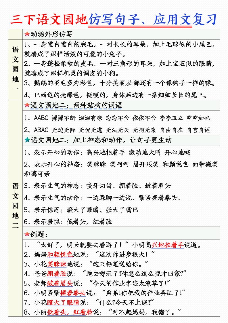 三年级下语文1-8单元语文园地句子仿写+应用文专练-柒染云阁