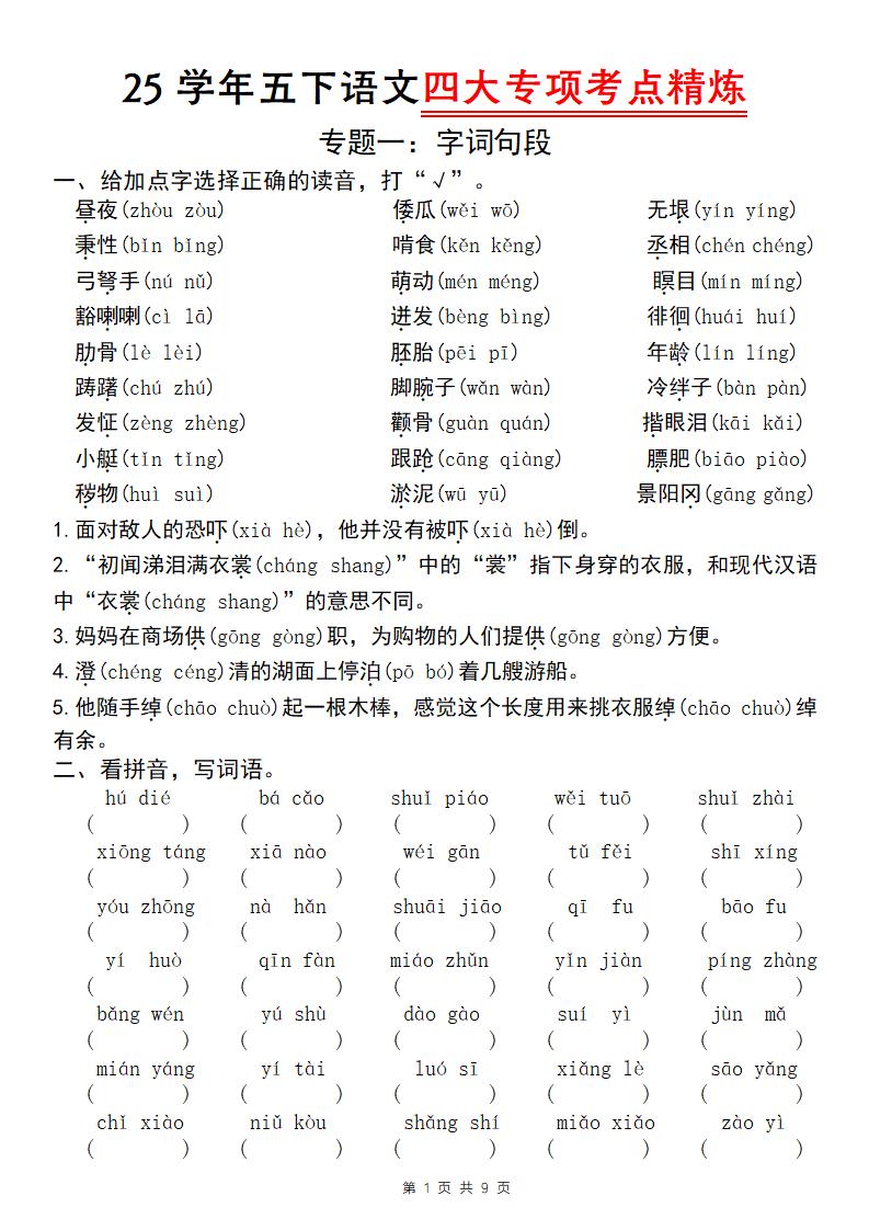 25学年五下语文四大专项考点精炼（专题一：字词句段）-柒染云阁