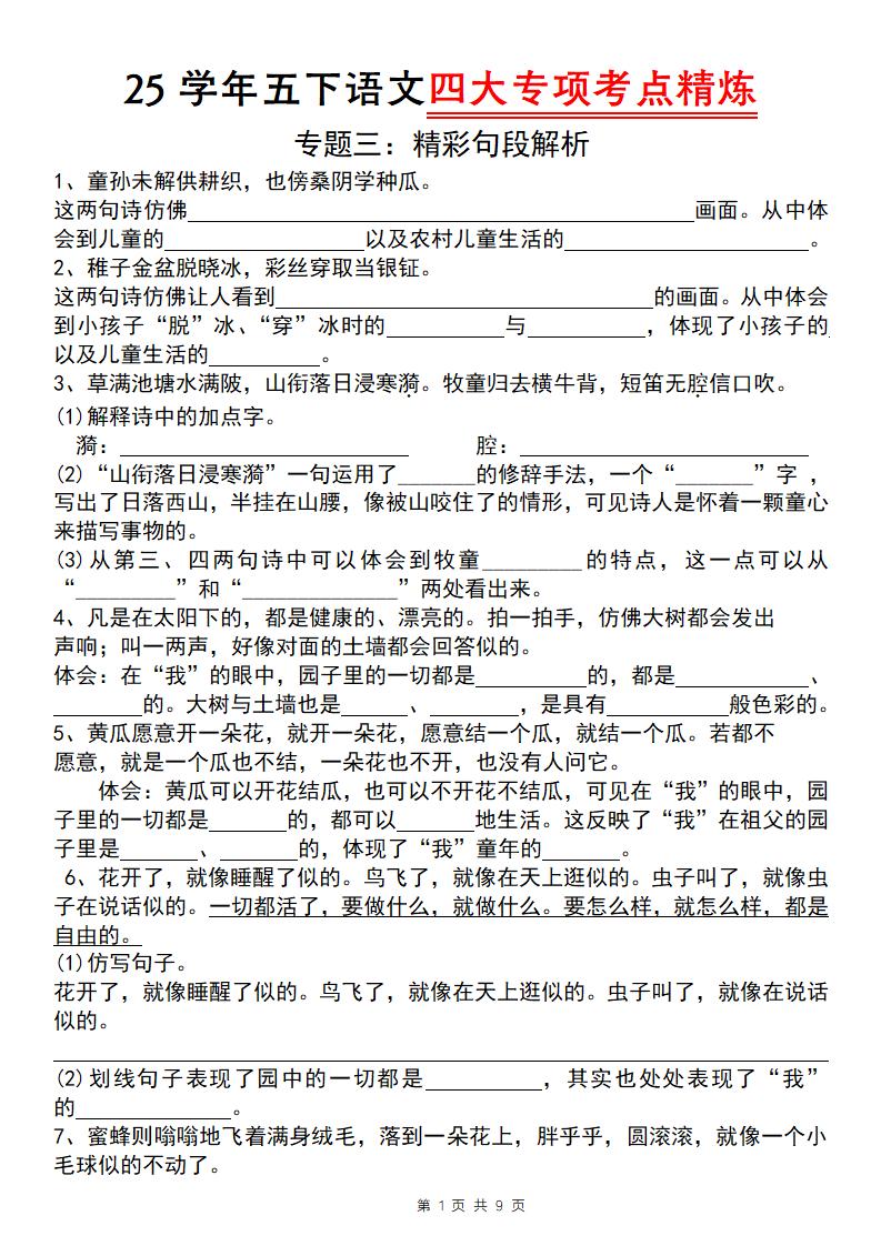 25学年五下语文四大专项考点精炼（专题三：精彩句段解析）-柒染云阁