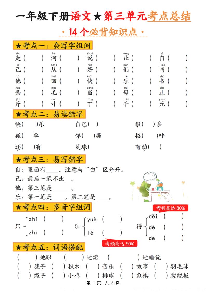 一下语文第三单元考点总结（含练习6页）-柒染云阁