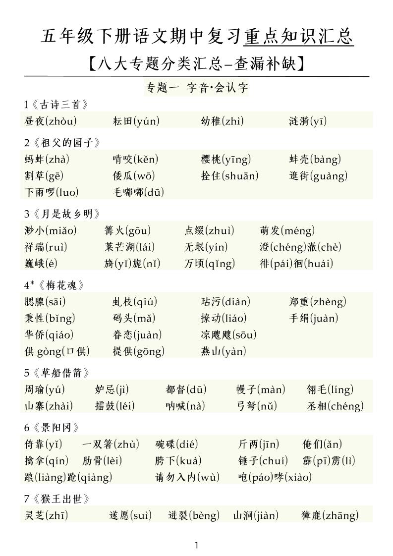 五下语文期中复习八大专题-柒染云阁