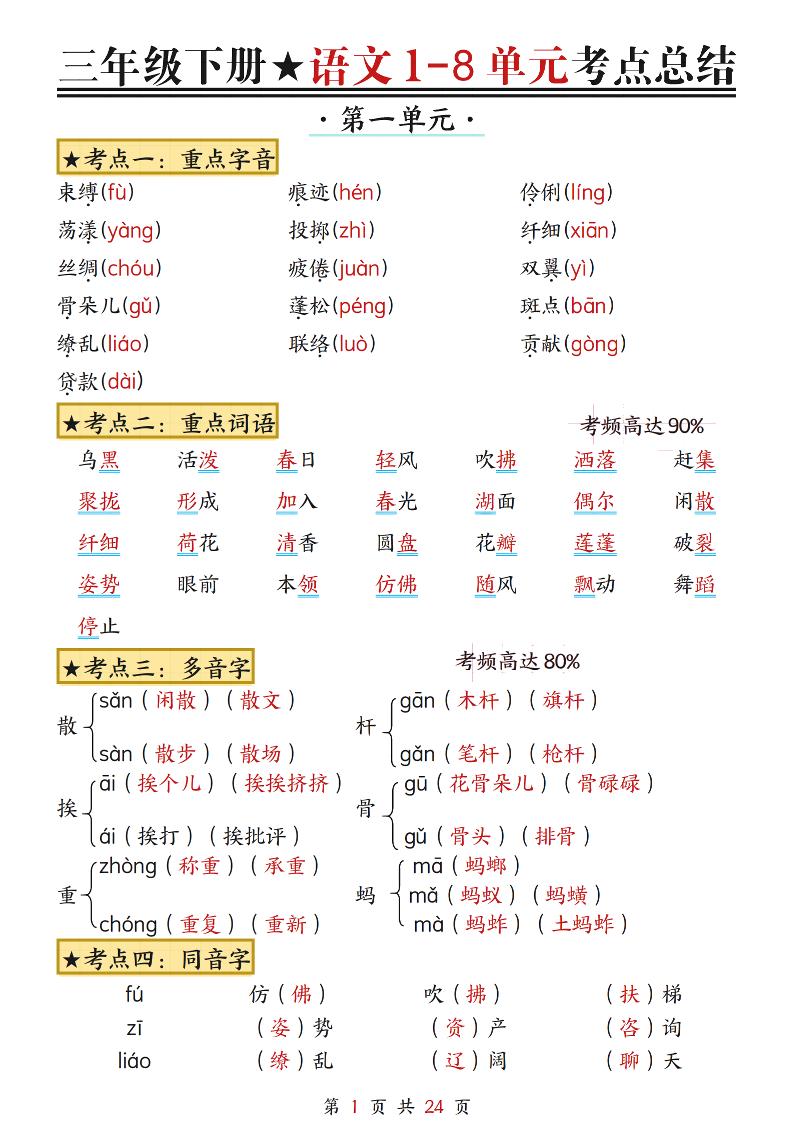 三下语文1-8单元考点总结（24页）-柒染云阁