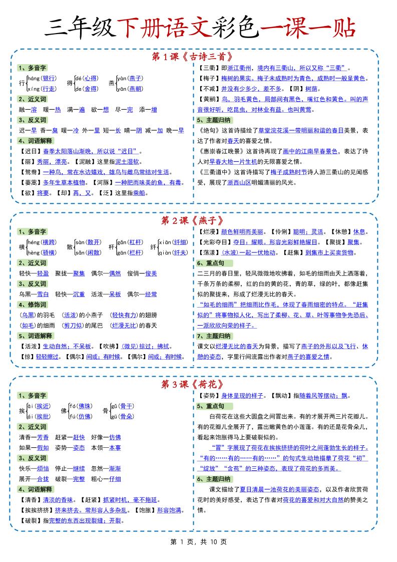 新版三下语文彩色一课一贴（课内重点课课贴）10页-柒染云阁