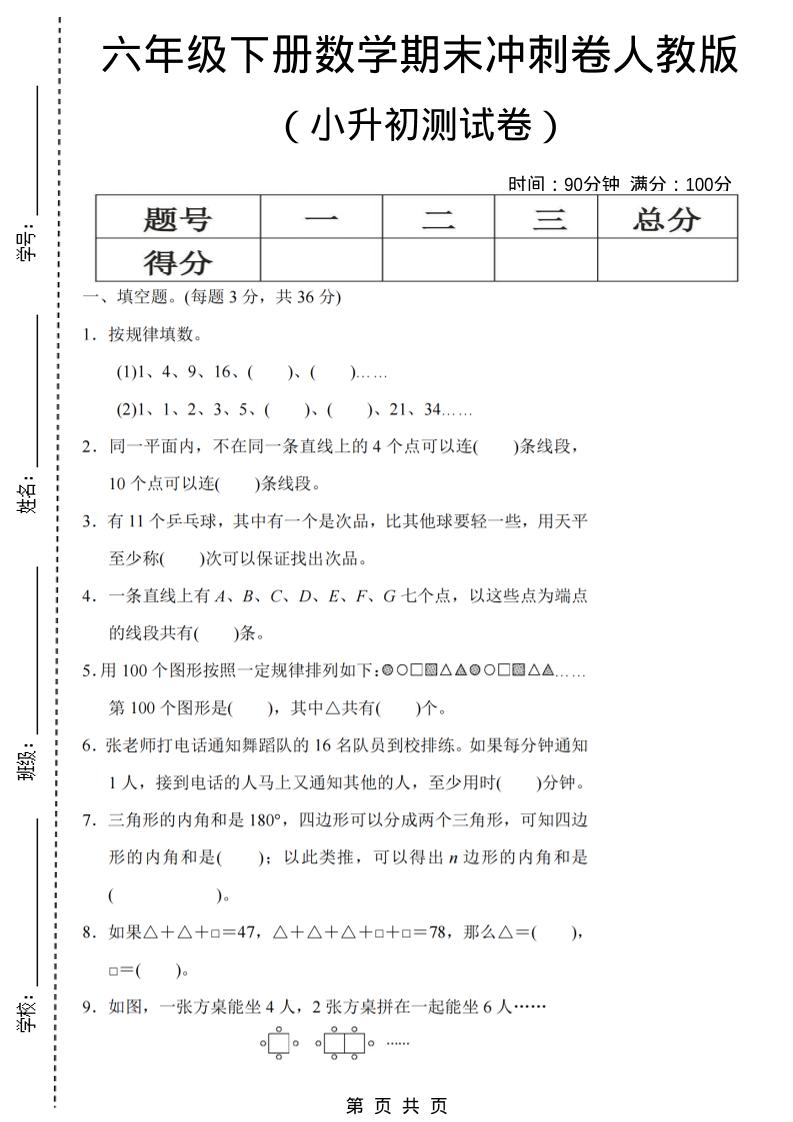 六年级下数学期末小升初冲刺卷《人教版》-柒染云阁