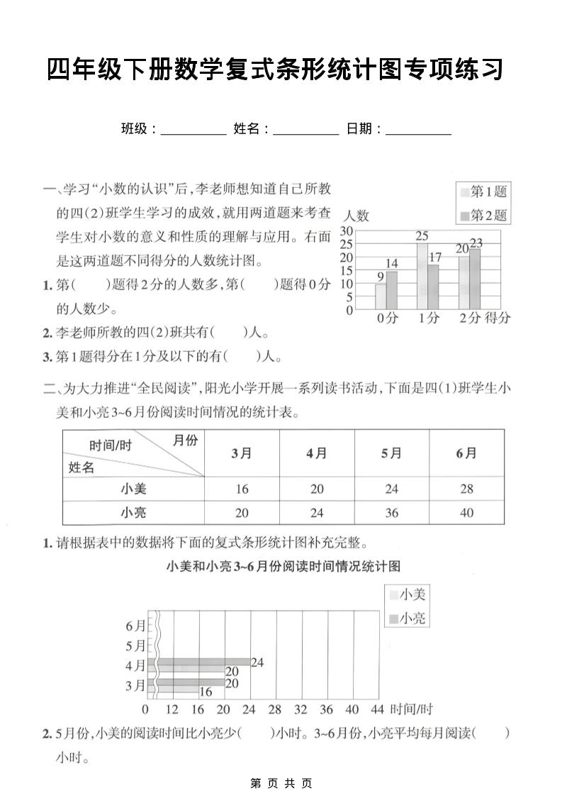 四年级下数学复式条形统计图专项练习-柒染云阁