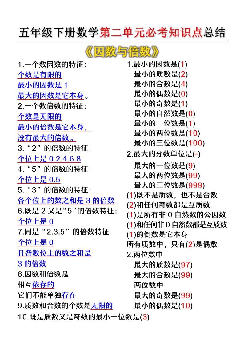 五年级下数学第二单元必考知识点总结-柒染云阁