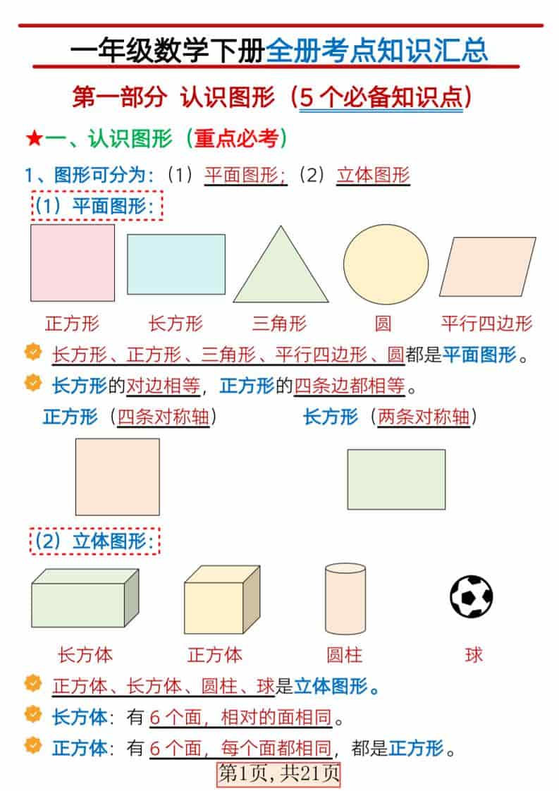 一年级下数学全册考点汇总-柒染云阁